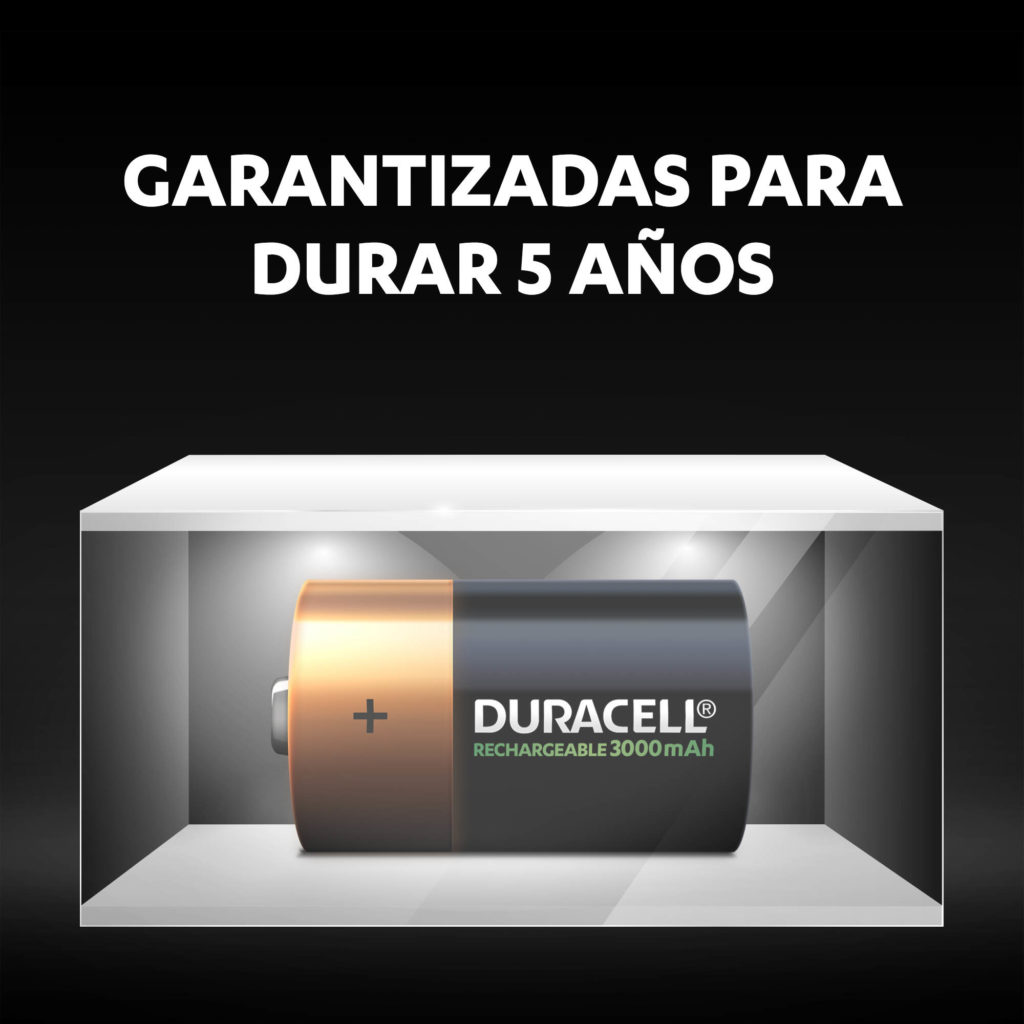 Las pilas Duracell Recargables D 3000mAh sin usar, frescas y alimentadas por hasta 5 años en almacenamiento ambiental